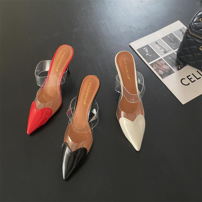 爱心透明高跟鞋2025年春夏新品拼色半拖细跟尖头高跟女鞋包头拖鞋