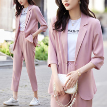 2022新款韩版时尚气质粉色西装外套女夏季薄款小个子西服套装夏