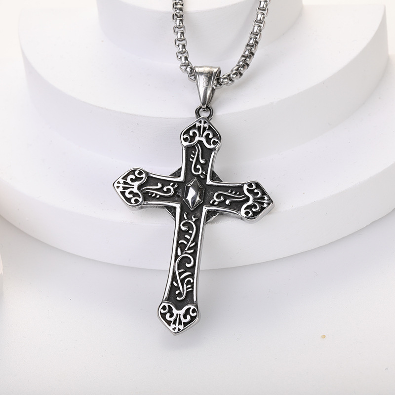 Psalina Hip Hop Hollow Retro Titanium Steel Necklace Trendy Men's Stainless Steel Necklace Retro Cross Pendant