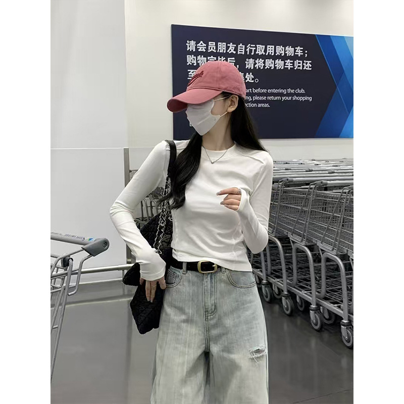 Moses魔西女王秋冬韩版圆领修身上衣纯色鱼骨设计百搭长袖打底T恤|undefined