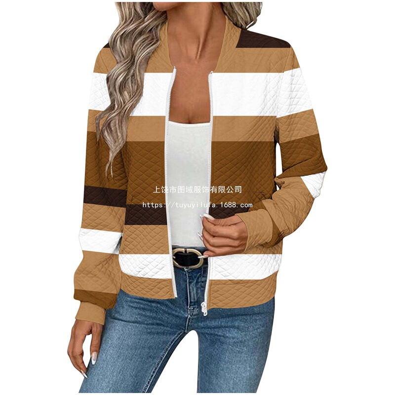 Brown and White Horizontal Striped Quilted Zip-Up Stand Collar Jacket Casual Versatile Short Coat for Women