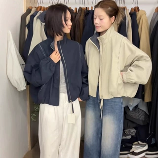 韩系设计感明线立领工装冲锋衣短外套女2025秋季新款休闲夹克上衣