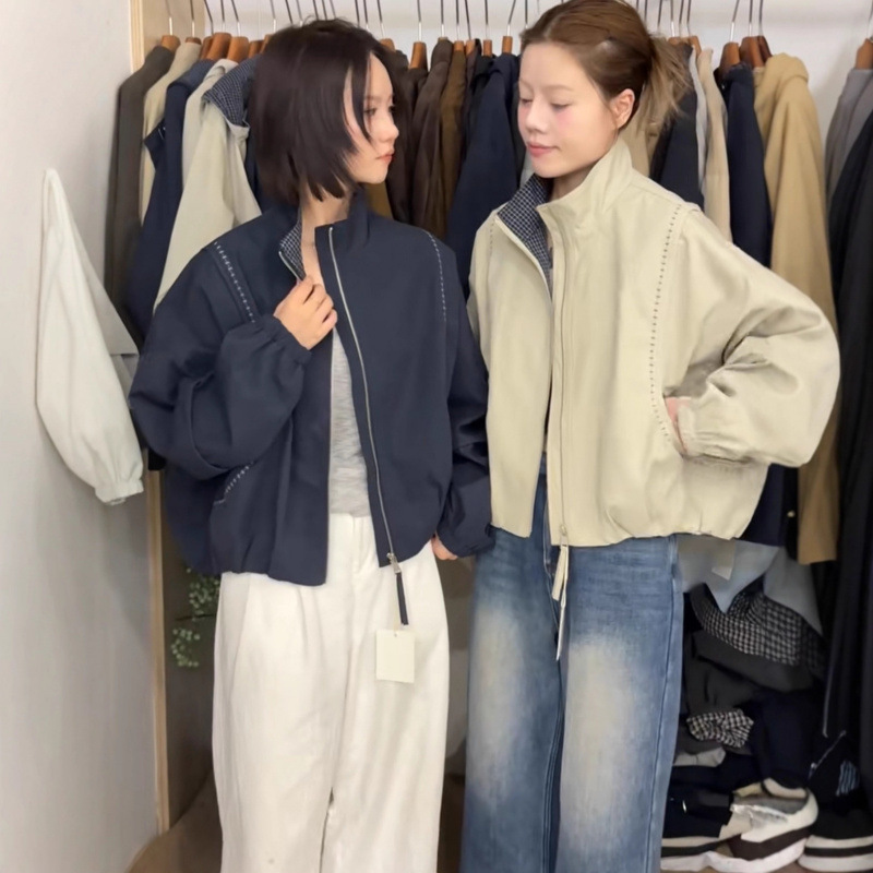 Korean Design Topstitch Stand Collar Workwear Jacket Short Jacket Women's 2025 Autum New Casual Jacket Top