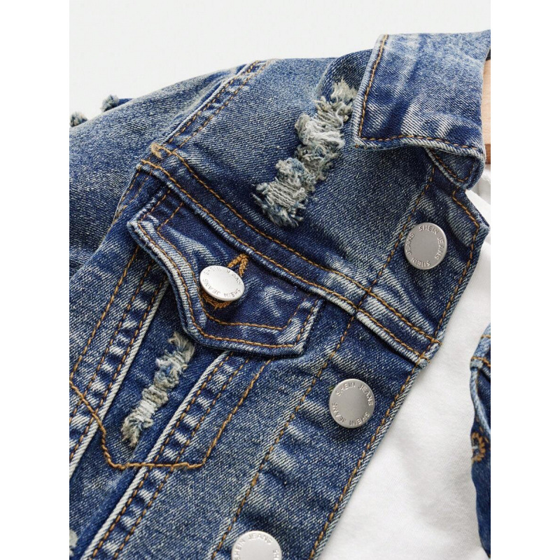 2025 transfronterizo nuevo Baby Boys Denim azul retro lavable casual lindo agujero borde de rebabas