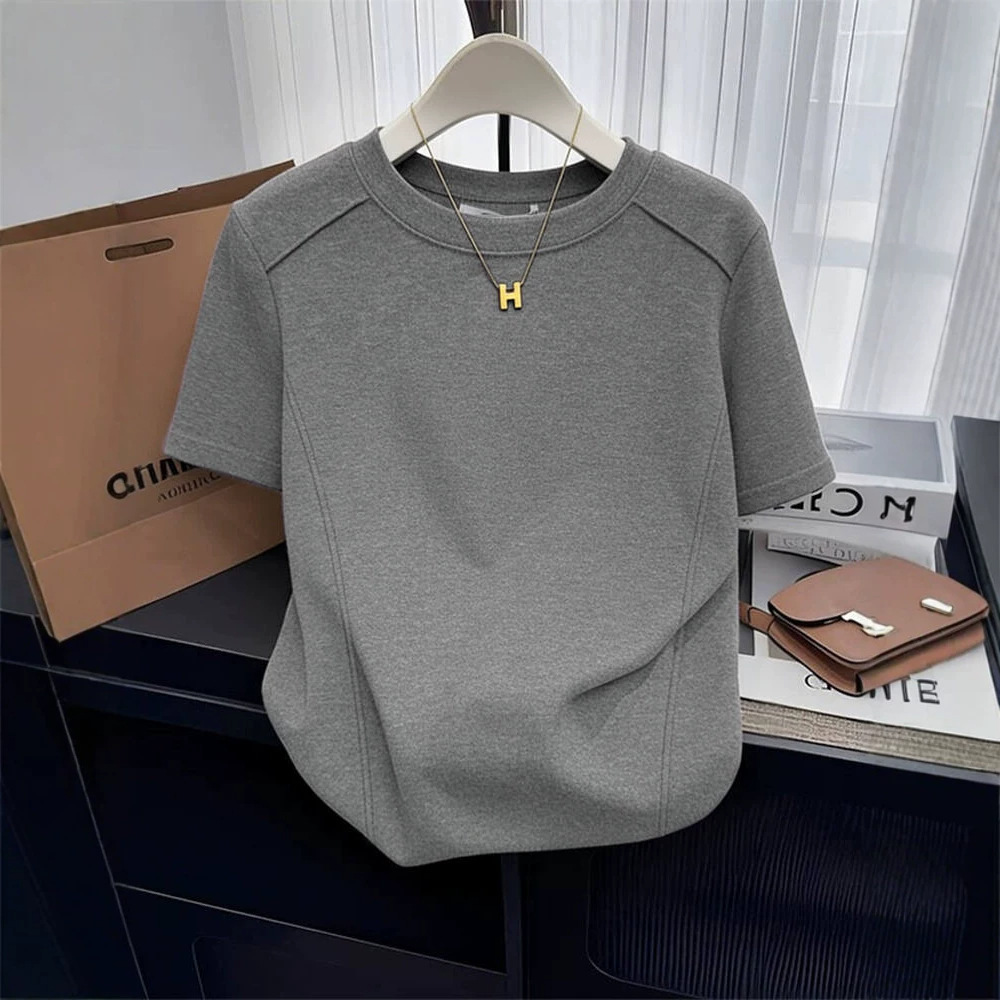 Stylish Design, Straight Shoulder, Pure Cotton, Round Neck, Short-Sleeve T-Shirt for Women, Slim Fit, Slimming, Gray Base Shirt, Top for Summer