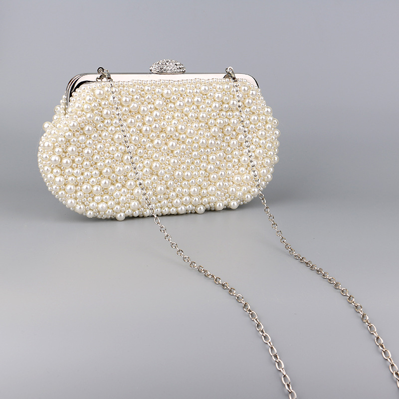 Fashion Style Shell Shape Small Size White Pu Leather Polyester Solid Color Pearls Shell Clutch Evening Bag
