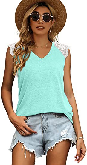 Abbigliamento da donna 2024 T-shirt canotta allentata in pizzo patchwork da donna estivo 2024 con maniche volanti_voghion.com