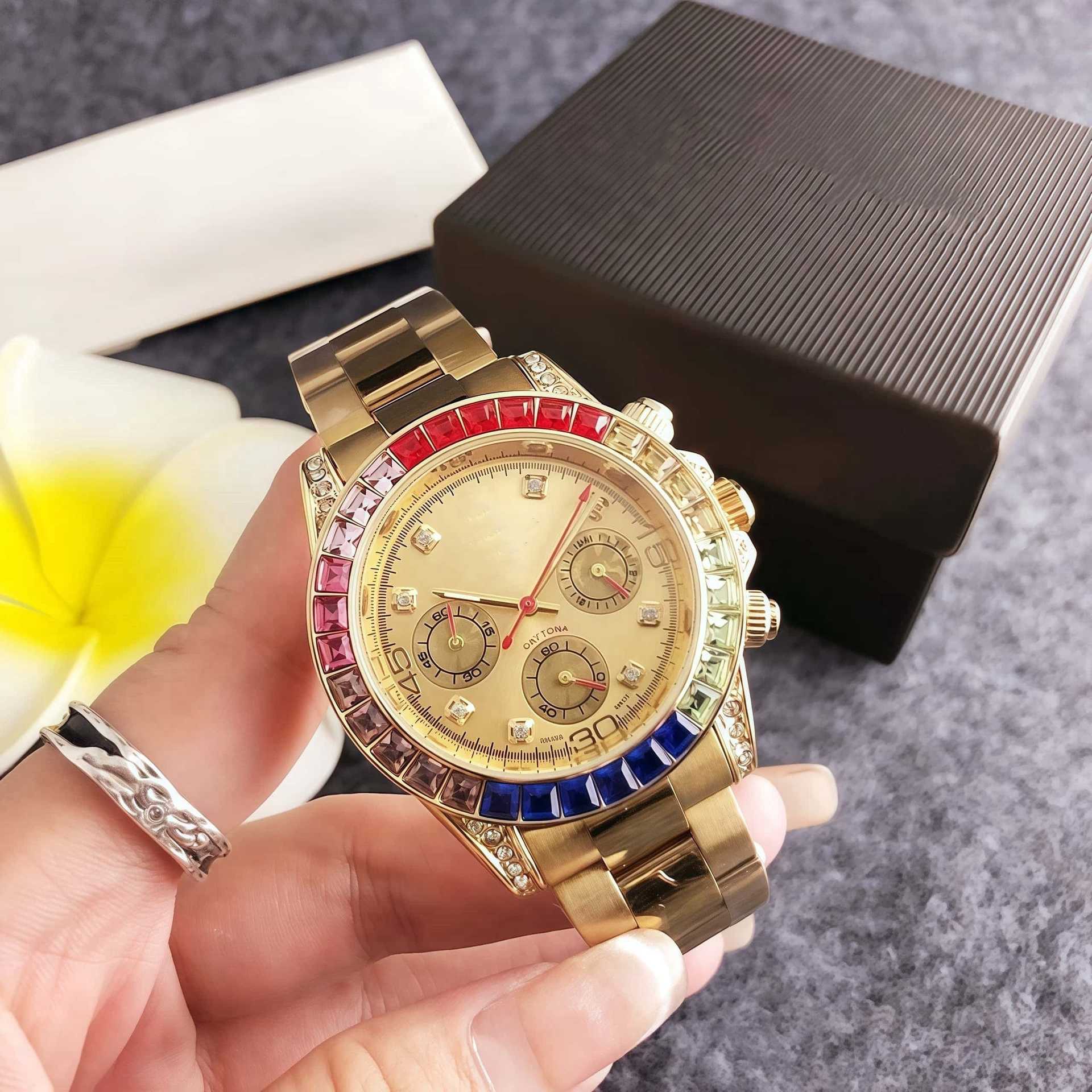 Rainbow Diamond Watch Three-Eye Six-Pin Chronograph Watch Solid Stainless Steel Belt Multi-Function Quartz Watch Alloy Watch