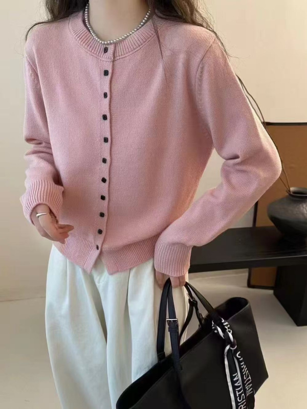 法式高级感纯色圆领针织开衫女2025早秋新款气质软糯毛衣外套上衣|undefined