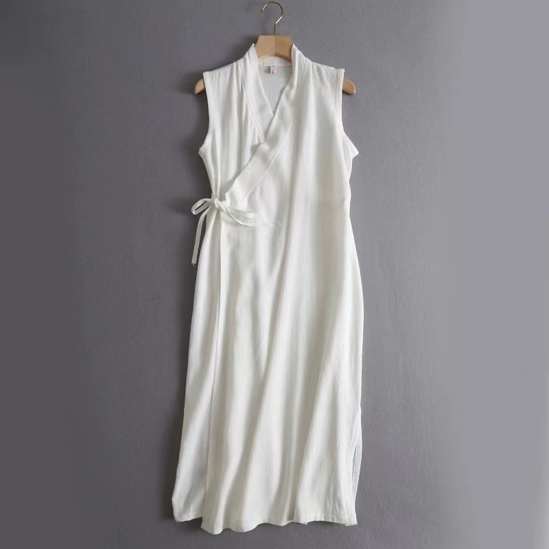 Plus Size 150kg Ethnic Style One-Piece Tie-Front Cross-Collar Improved Hanfu Qipao Dress Sleeveless Vest Style
