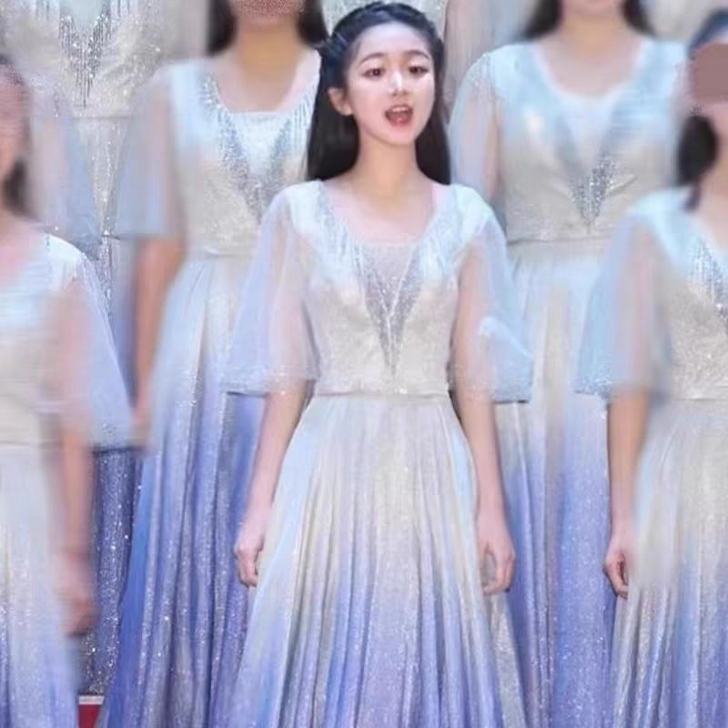 合唱演出服长裙红歌舞台合唱团成人比赛指挥表演服红色礼服|undefined