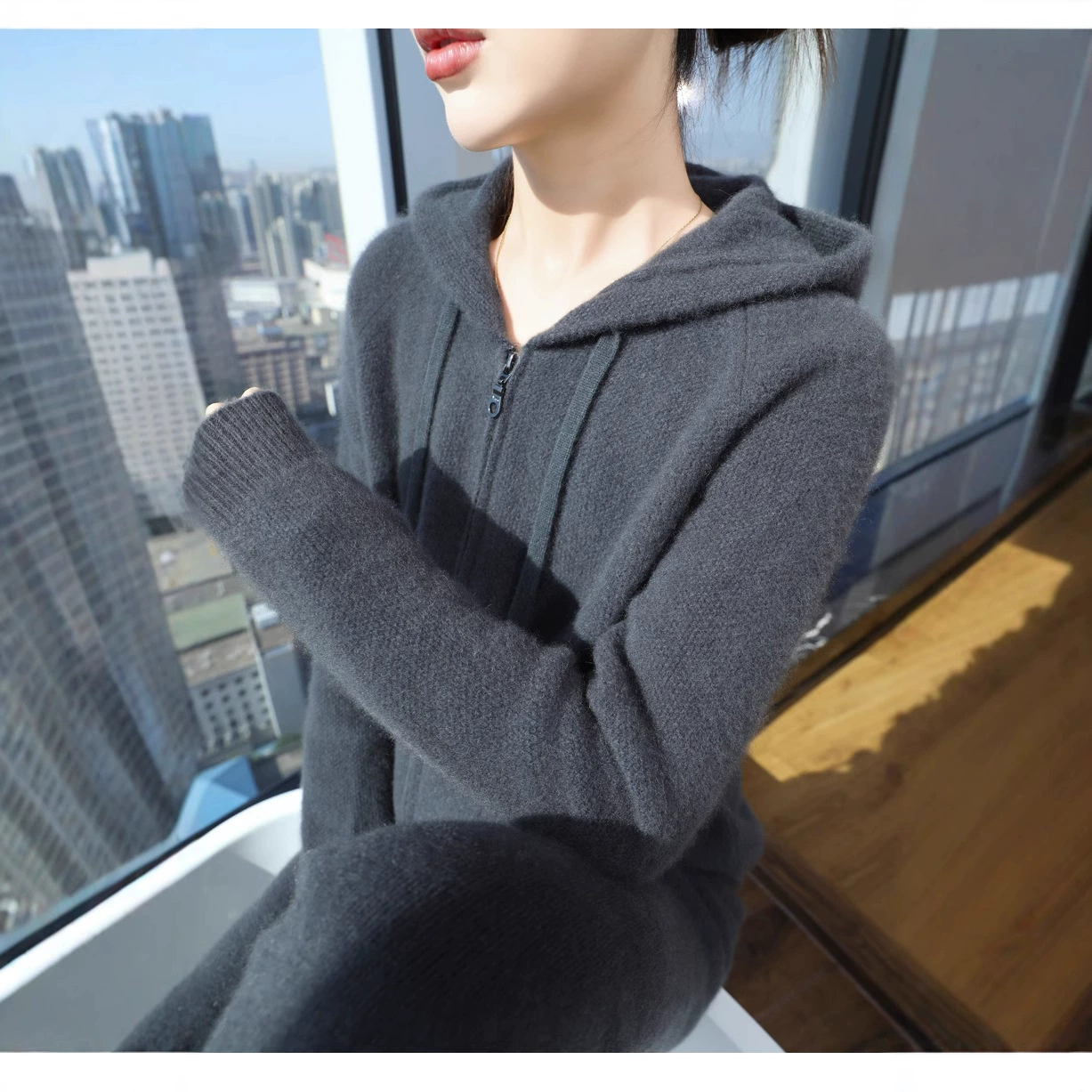 Осенняя и зимняя молния женский капюшон 100% шерстяной кардиган модный свободный вязаный свитер толстый свитер куртка повседневный топ