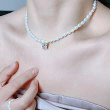 韓版淡水珍珠項鏈女新款復古米粒珍珠項鏈鋯石頸鏈簡約鎖骨鏈女式
