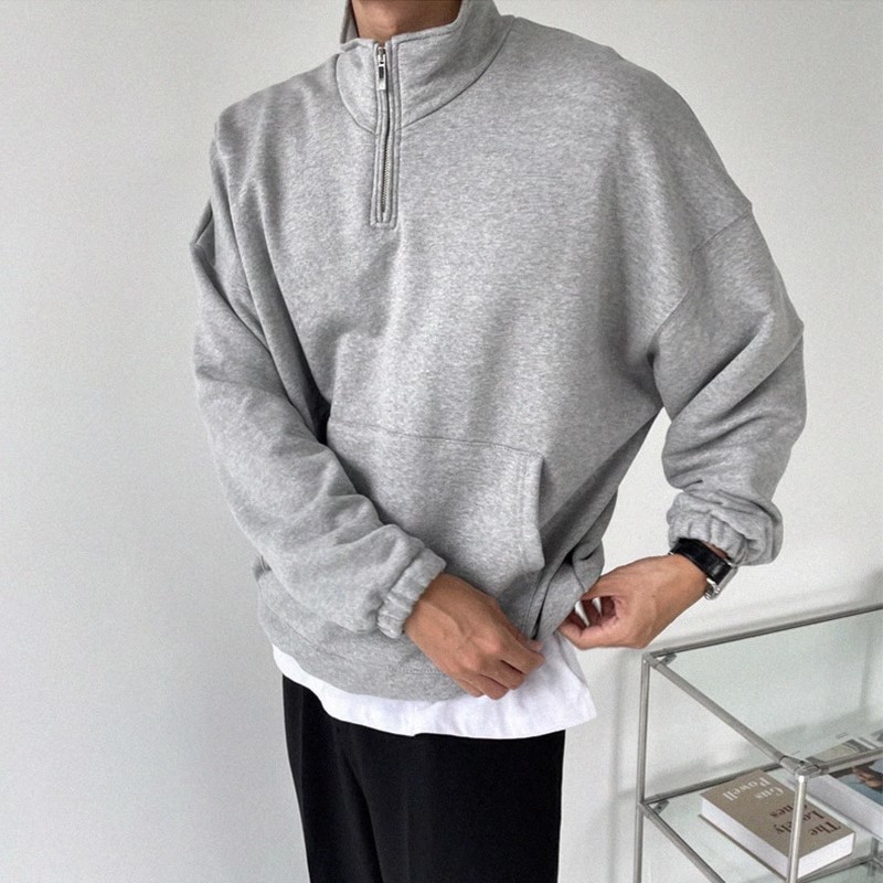 Herren-Sweatshirt mit Stehkragen und halbem Reißverschluss – Lässiger Pullover für Sport und Freizeit, Herbst & Winter (Grau, M/L/XL/2XL/3XL)_voghion.com