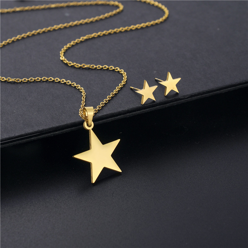 18K Golden Five-pointed Star Necklace Three-piece Set Star Stud Earrings Stainless Steel Small Set
