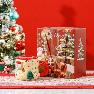 Magnetic Christmas Mug with Lid and Spoon Large Capacity Christmas Gift Cartoon Creative DIY Christmas Ceramic Cup