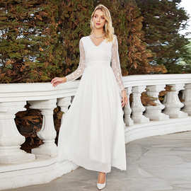 新款欧美外贸礼服修身白色婚纱蕾丝V领时尚连衣裙雪纺婚礼服