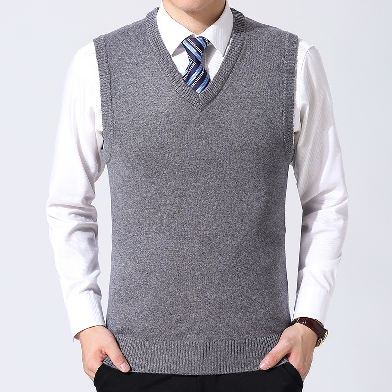 Cross-border men's knitted vest, spring and autumn thin style, business casual wool blend men's V-neck pullover knitted vest