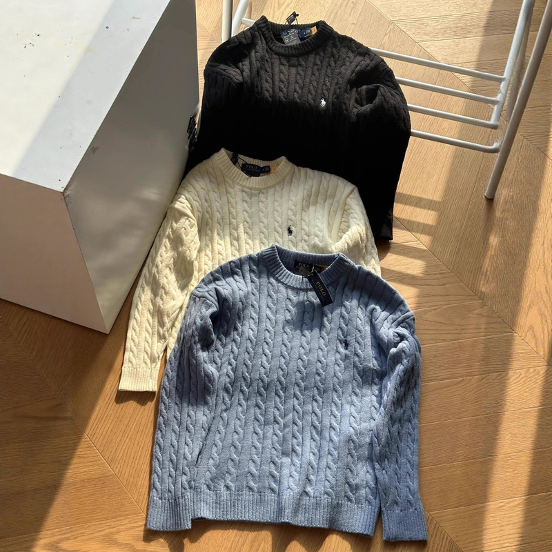 Cross-Border Rl Pony Embroidered Winter Round Neck Thick Cable Knit Knitwear for Men and Women Pure Color Tops for Couples