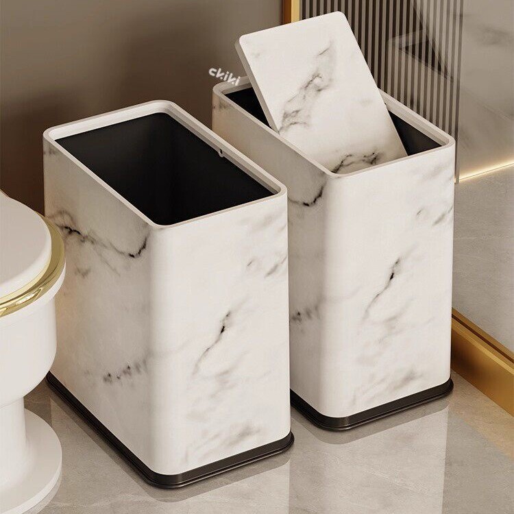 New Style Trash Can for Homestay Hotels, Living Room, Home Use, Light Luxury Bathroom, Marble Pattern Square Swing-Lid Trash Can