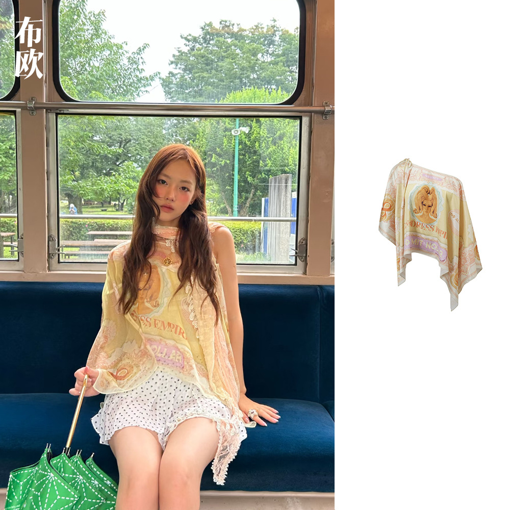 Nana's Same Style/Blogger's Favorite Niche Sexy Sweet and Spicy Dress Two-Wear Banknote Printed Chiffon Yarn Slanted Shoulder Top