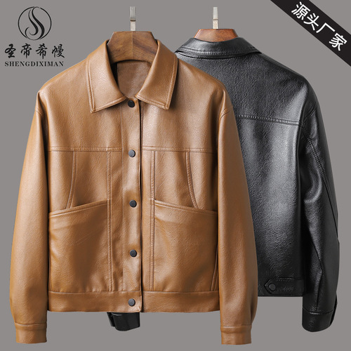 New Spring and Autumn Women's Motorcycle Leather Jacket Spring and Autumn Women's Leather Lapel Button Slim Korean Style Jacket Wholesale