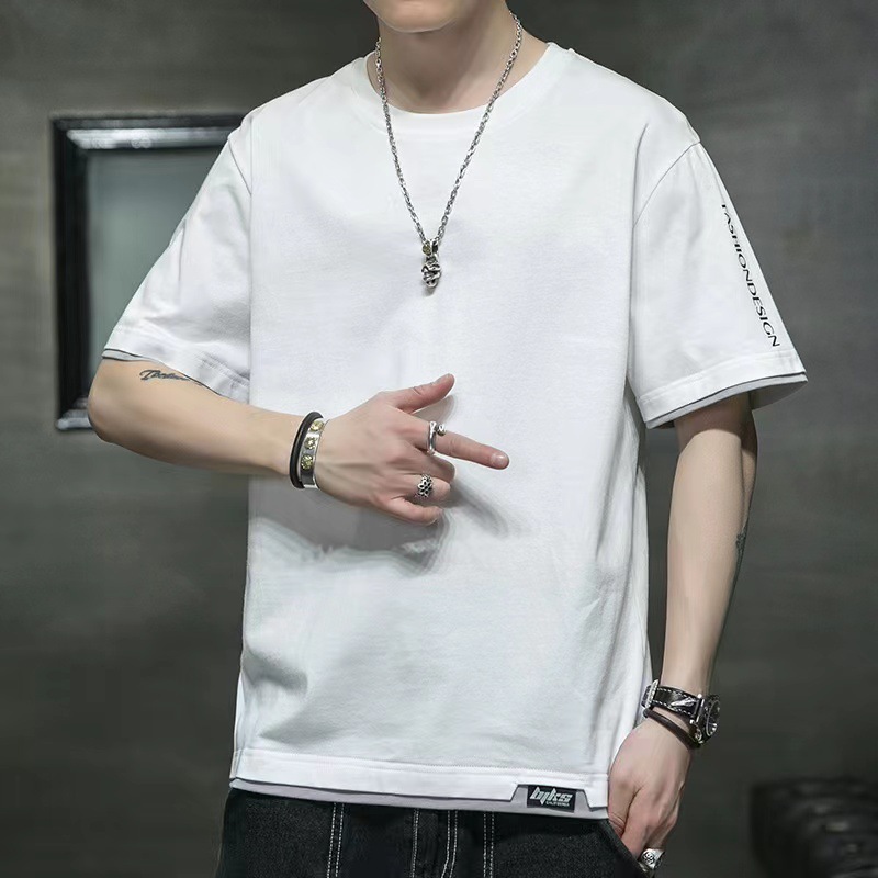 Pure Cotton Fake Two-Piece Men's Short-Sleeved T-Shirt 2026 New Summer High-End Trendy Male College Student Loose-Fitting T-Shirt for Men