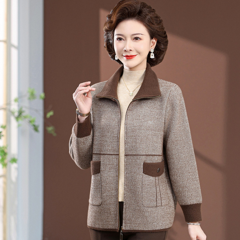 妈妈春秋装双面毛呢带领加厚外套奶奶洋气上衣中老年人女针织开衫|undefined