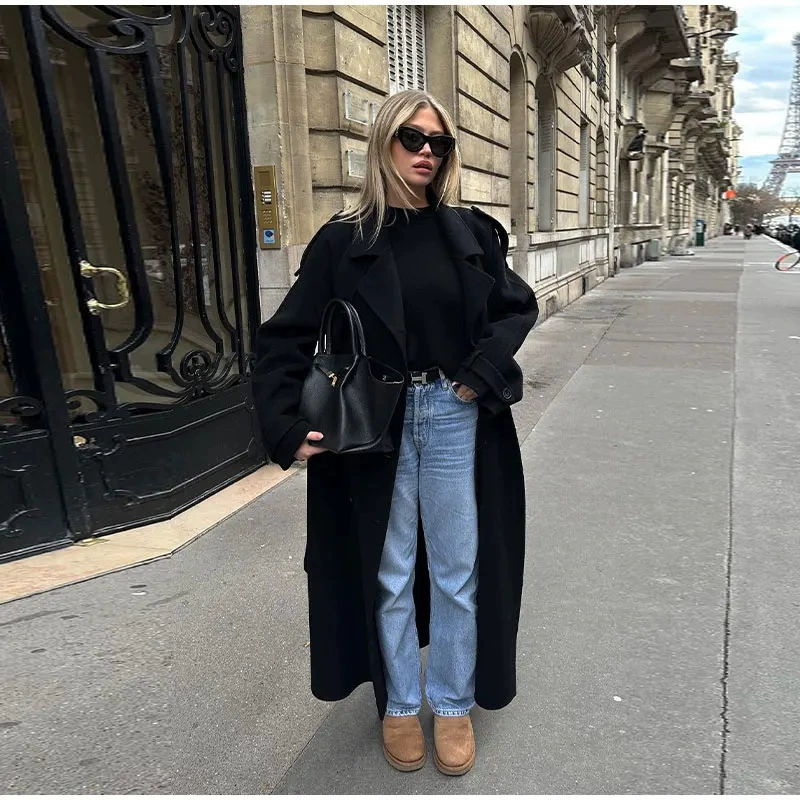 Европейский и американский трансграничный Женский Тренч 2024 года, Элегантное длинное пальто с лацканами, повседневное двубортное пальто с длинным рукавом