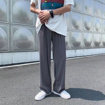 Pleated, drag-feeling, wide-leg casual pants, men's summer thin Korean trend loose straight color nine-quarter sweatpants
