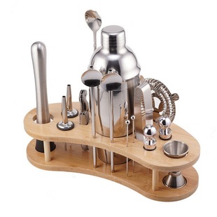 Stainless Steel Cocktail Shaker Semicircle Bamboo Stand Set Cocktail Shaker Tool Set 16 Piece Set Shark Cup Shaker