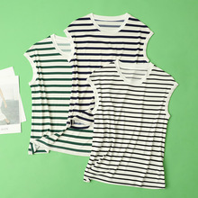 32针100%真丝桑蚕丝圆领一分袖短袖背心条纹印花显瘦上衣女夏季