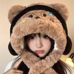 可爱夹子耳机小熊毛绒帽女加厚防寒保暖帽子围巾一体雷锋帽两件套