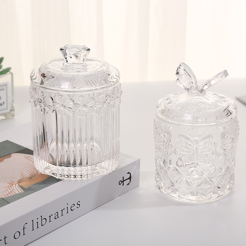 复古浮雕简奢化妆棉签收纳盒玻璃首饰收纳法式房间装饰品摆件