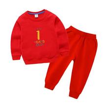 生日系列圓領衛衣加長褲紅色套裝兒童春秋套裝跨境批發一件代發