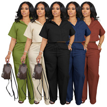 AL269跨境欧美女装套装衬衫短袖两件套亚麻休闲OL办公夏季运动裤