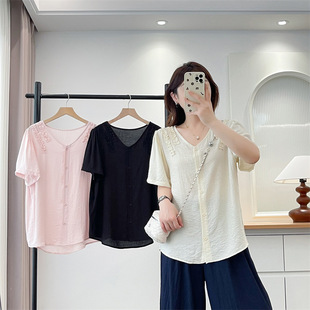 2025 Summer Short-Sleeved Shirt Lace Piece Large Size Women's Cardigan V Neck Top Simple Fat mm Casual Shirt 6689