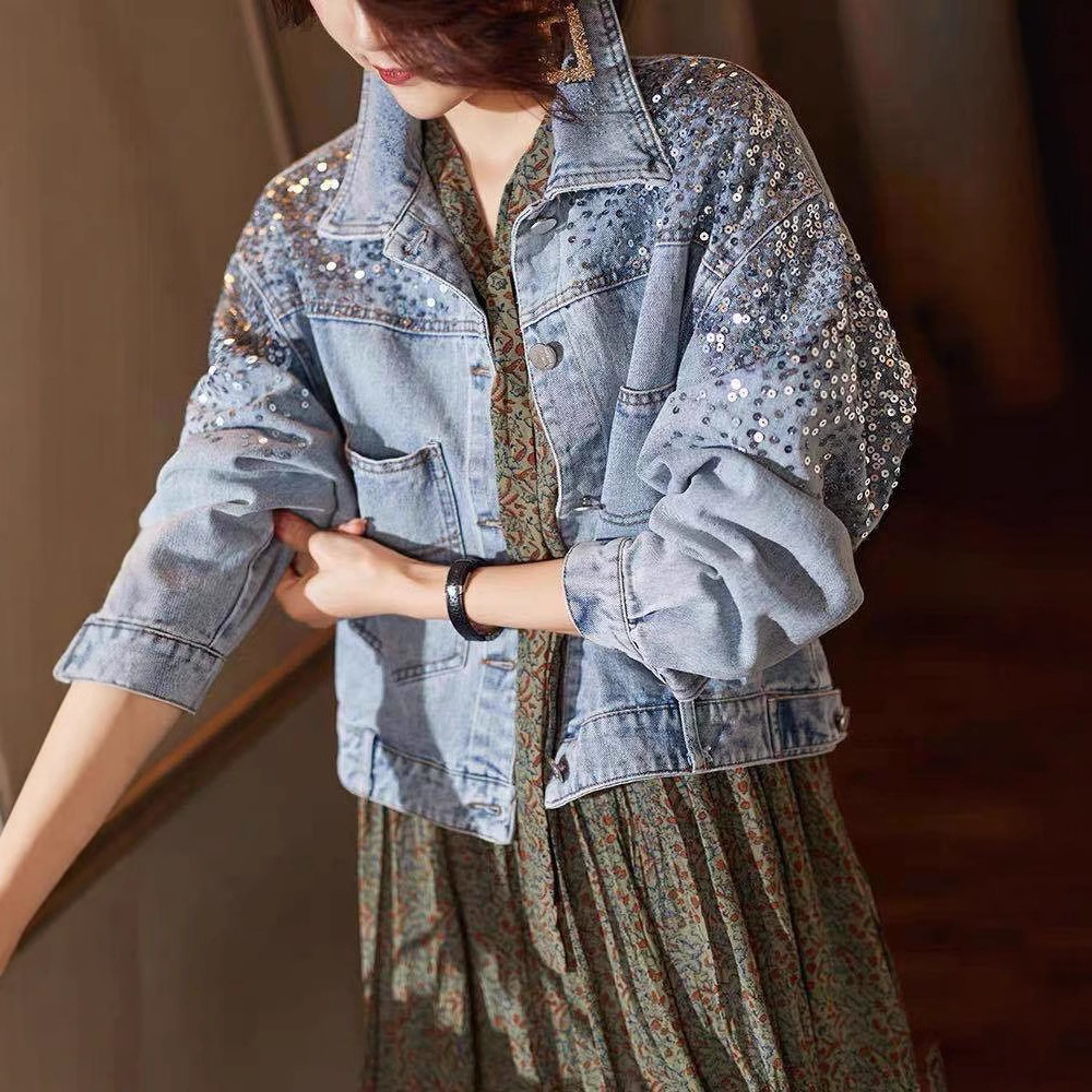 Foreign Trade Southeast Asia Spring and Summer New Fashion Sequin Denim Coat Women's European Station Short Loose Jacket Tide