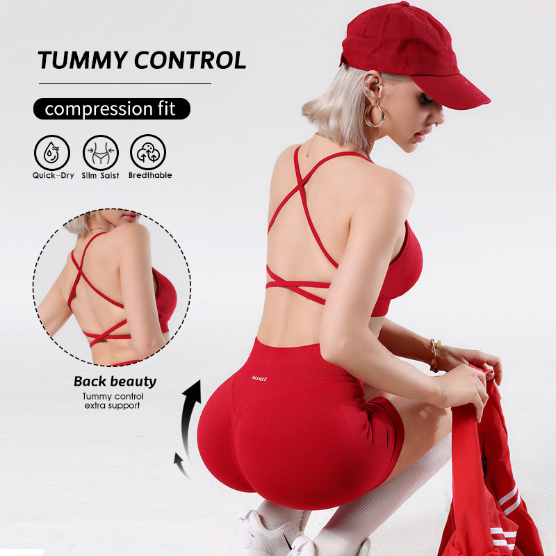 Df Sports Yoga Set for Women with Cross Straps, Breathable Sports Bra with Beautiful Back Design, Waist-Lifting and Tummy-Tucking Fitness Shorts