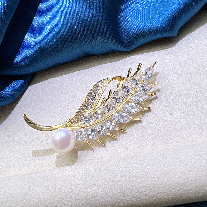 DIY Accessories Luxury Atmospheric Brilliant Wheat Ear Brooch Women's Copper Gold Plated Micro Zircon Pin Pearl Corsage Empty Bracket