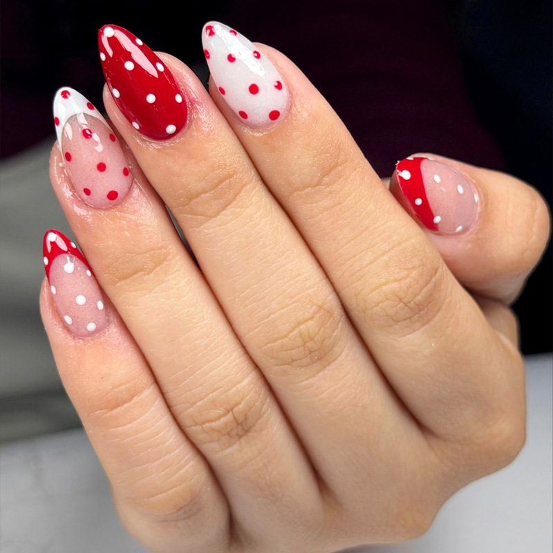 Candy-Colored Polka Dot European and American Style Short Almond-Shaped Nail Tips Wearable Fake Nails Wholesale