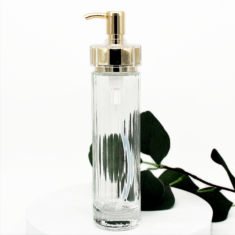 新款玻璃细长粗竖条纹瓶套装 长泵头乳瓶水瓶120ml 精华瓶膏霜瓶