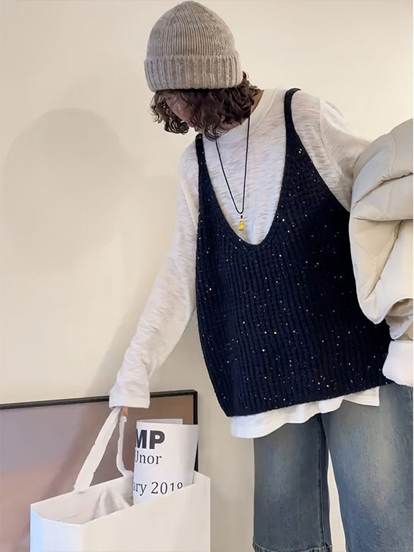 South Korea's Dongdaemun Spring and Autumn New Style Lazy Style Loose Layered V Neck Crochet Warm Sequin Knitted Vest Top
