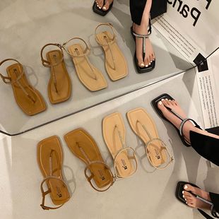 Flat Thong Sandals Girl Shoes 2023 New Summer Student All-match Dress Fairy Style Roman Shoes