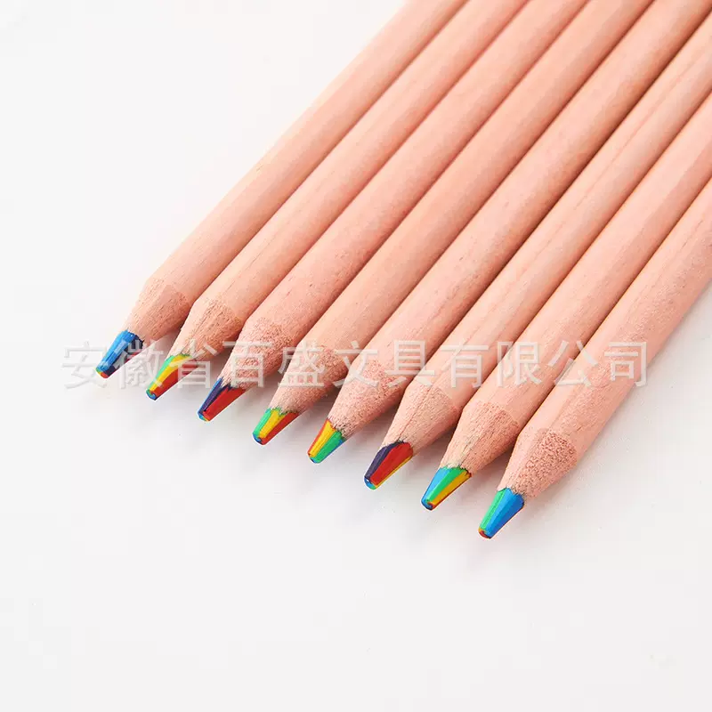 跨境铅笔彩虹笔7色合一七彩色彩色绘画铅笔成人学生礼物DIY原木