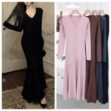 7819 秋季14针高捻棉深V领收腰显瘦不规则鱼尾裙内搭连衣裙长裙