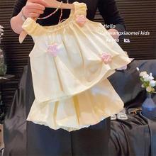 韩版童装女童套装2025夏季新款纯棉儿童无袖花边背心花苞裤两件套