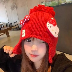 新款设计感kitty可爱毛线护耳帽女秋冬保暖显脸小百搭针织帽冷帽