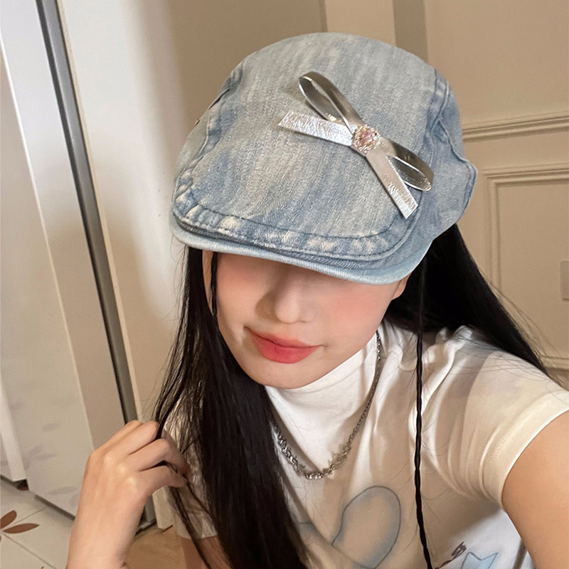 Dam denim basker med rosett retro y2k mössa_voghion.com