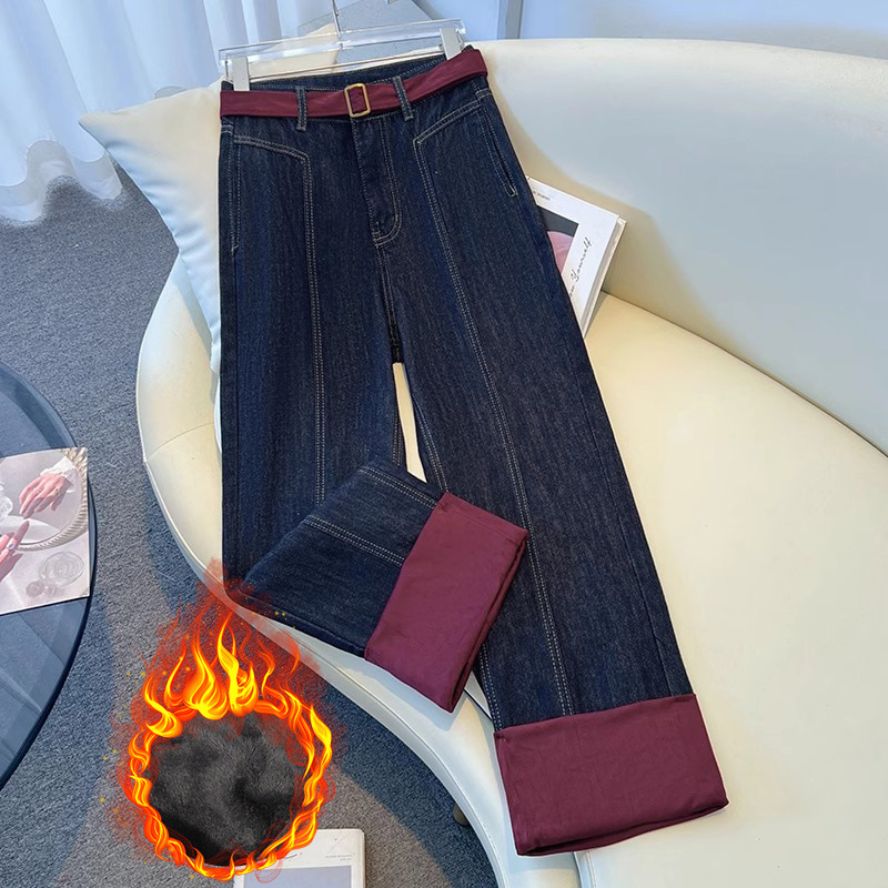 대조적 인 색상 스티칭 청바지 여성의 2024 년 겨울 새 플러스 사이즈 느슨한 직선 다리 바지 기모 높은 허리 슬리밍 넓은 다리 바지